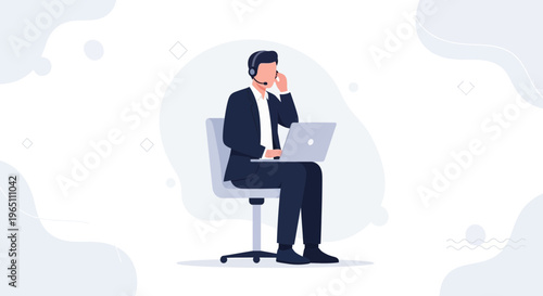 Customer service agent with headset and laptop working in a modern office, flat design