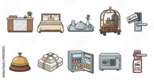 Hotel services icons collection featuring various amenities like reception desk, bed, room service, luggage cart, key card, towels, minibar, safe, and do not disturb sign.
