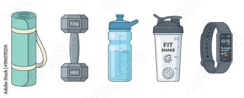 Fitness equipment and accessories for a healthy lifestyle including a yoga mat, dumbbell, water bottle, protein shaker, and a fitness tracker.