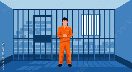 Illustration of a prisoner standing in a blue jail cell with metal bars and a window.