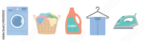 Laundry appliances and supplies, including a washing machine, basket, detergent bottle, shirt on a hanger, and an iron, are neatly arranged for household chores.