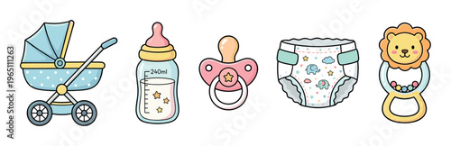 Charming collection of essential baby items including a stroller, bottle, pacifier, diaper, and rattle, presented in a cute cartoon style.