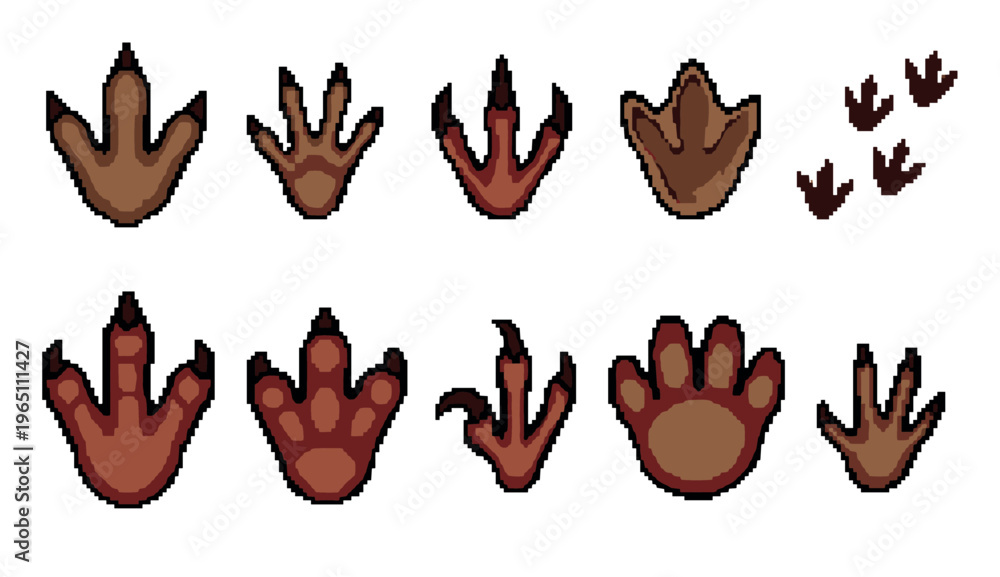 Fototapeta premium Pixel art dinosaur footprints set with various prehistoric animal tracks and claw marks, perfect for retro video game design and digital projects.