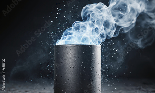 Molten vapor crucible emitting blue light and misty particles in a dark industrial setting creating a mysterious mood