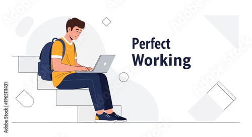 Young Man Working on Laptop on Stairs, Perfect Working Concept