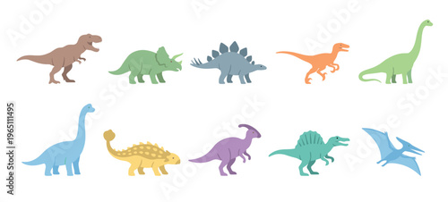 Cute cartoon dinosaurs and prehistoric creatures collection in a variety of vibrant colors, perfect for children's designs and educational materials.