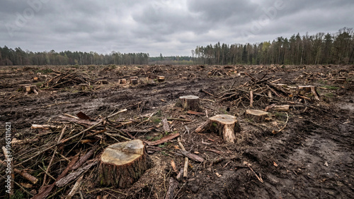 Deforested landscape with tree stumps under cloudy sky, concept of World Environment Day  