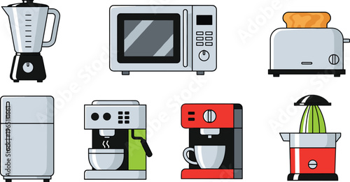 Kitchen Appliances Icons Set Featuring Blender, Microwave, Toaster, Refrigerator, Coffee Machine, and Juicer for Household and Cooking Designs