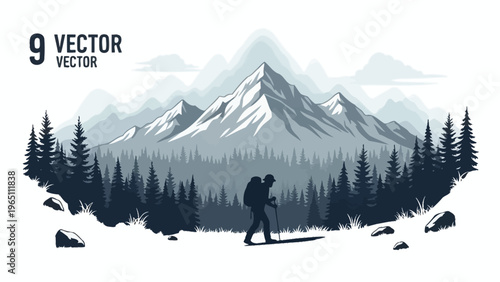 Silhouette of Hiker Walking with Backpack and Hiking Stick in Mountains