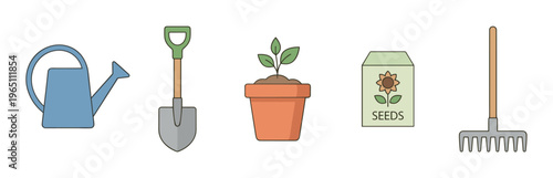 Gardening tools and supplies including a watering can, shovel, potted plant, seed packet, and rake are neatly arranged, representing essential items for cultivating a beautiful garden.