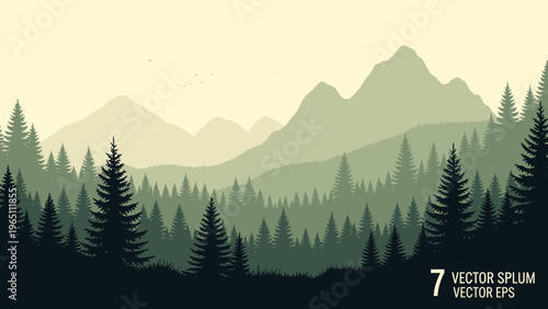 Serene Vector Landscape Depicting Silhouetted Evergreen Trees and Mountains