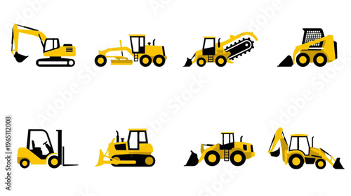 Yellow construction equipment heavy machinery vector icons set industrial symbols