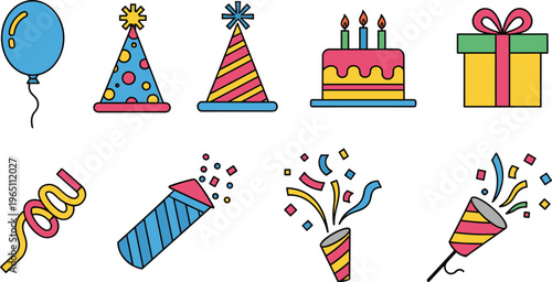 Party and Celebration Icons Set Featuring Balloons, Party Hats, Cake, Gift Box, Confetti, and Party Popper for Birthday and Event Decorations