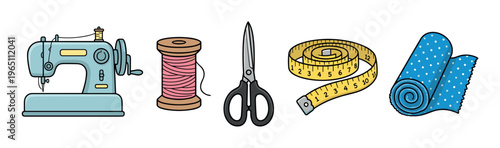 Sewing machine, thread, scissors, measuring tape, and fabric are essential tools for tailoring, crafting, and fashion design, presented in a vibrant cartoon style.