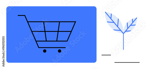 Sustainable shopping, eco-conscious products, green retail, environmental care, ethical consumption, renewable resources. Minimalistic shopping cart with a blue leaf symbol. Sustainable shopping