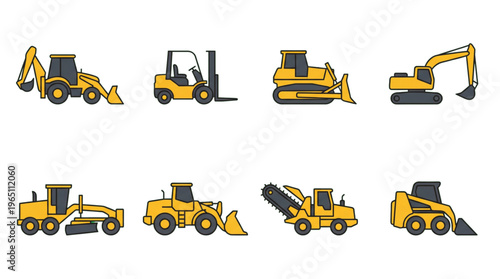Heavy Construction Machinery Icons Collection Industrial Equipment Vector Set