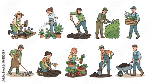 Gardeners performing various tasks related to planting, growing, harvesting, and maintaining plants and crops in a vibrant outdoor setting.