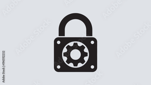 A black and white icon of a padlock with a gear inside on a gray background