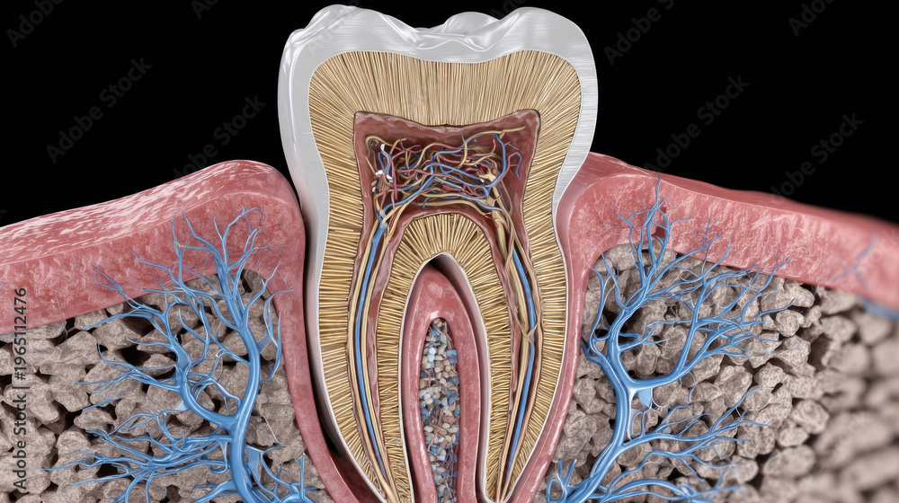 Fototapeta premium Tooth anatomy dental nerve tooth root dental pulp tooth enamel gum tissue periodontal ligament jaw bone blood vessel nerve fiber 3d render of tooth anatomy dental nerve tooth root dental pulp