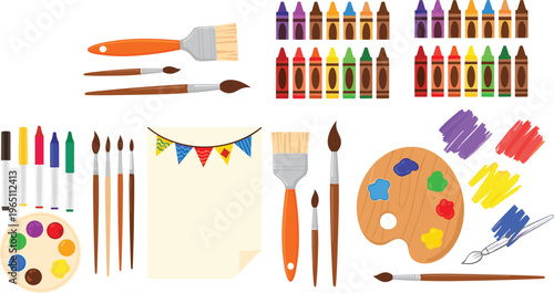 Art supplies vector set featuring paint brushes crayons markers palette and creative tools for drawing painting and school projects isolated