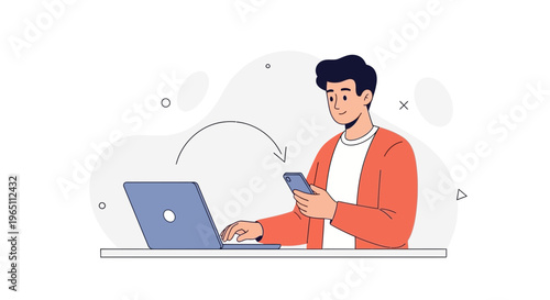 Man using laptop and smartphone, data transfer, remote work, technology concept
