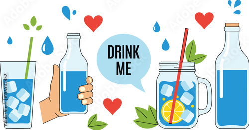 Drink water concept with bottles glasses ice cubes and healthy hydration elements vector illustration set isolated