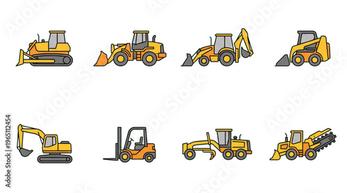 Industrial Construction Vehicles Vector Icons Set Heavy Machinery Engineering Collection