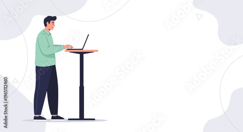 Man working on laptop at standing desk, modern office, healthy lifestyle concept
