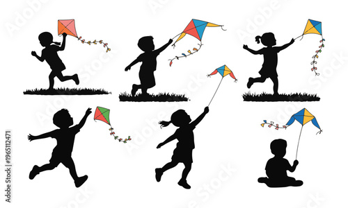 Children silhouettes flying colorful kites in grass field diverse poses playful activity.