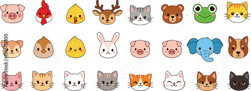 Cute animal faces vector set featuring cat dog pig rabbit frog bear and farm animals in kawaii cartoon style isolated