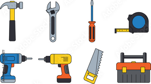 Tool Icons Set Featuring Hammer, Wrench, Screwdriver, Drill, Saw, Tape Measure, and Toolbox for DIY and Construction Projects