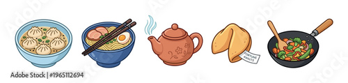 Delicious Asian food items and traditional cultural elements are beautifully illustrated in a vibrant, cartoon style, perfect for menus, cultural events, or culinary blogs.