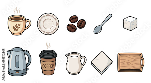 Coffee and tea accessories collection featuring various items such as steaming mugs, coffee beans, an electric kettle, and a disposable cup.