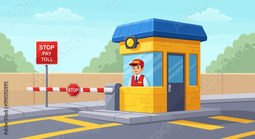 Cartoon security guard sitting in a booth at a toll gate with a stop sign and barrier arm