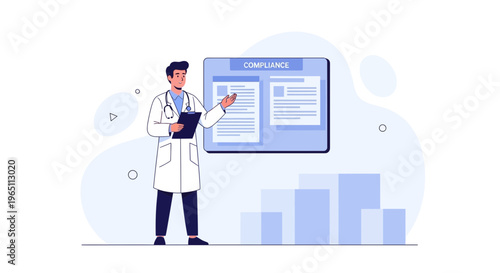 Doctor presenting compliance information on a board, medical concept illustration