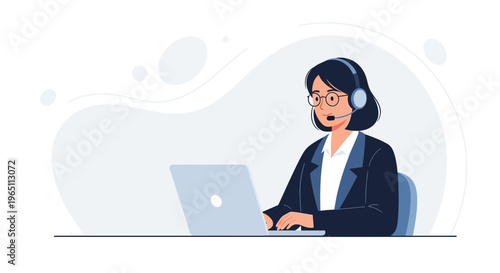 Customer service agent with headset working on laptop, professional support operator at work