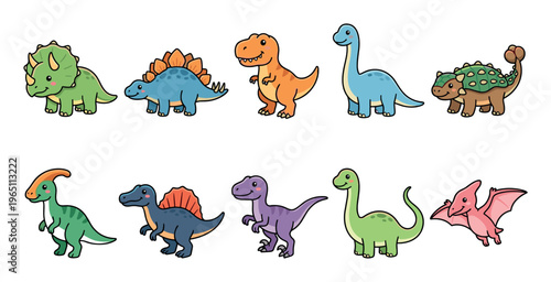 Cute cartoon dinosaurs and prehistoric creatures smiling happily together in a colorful collection perfect for children's designs and educational materials.