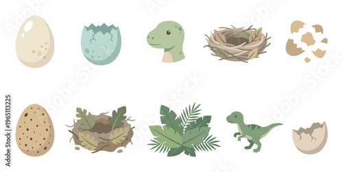 Dinosaur eggs, baby dinosaurs, nests, and leaves are depicted in a charming cartoon style, illustrating prehistoric life and the hatching process.