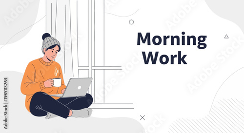 Man Working on Laptop with Coffee Cup at Home Office Window