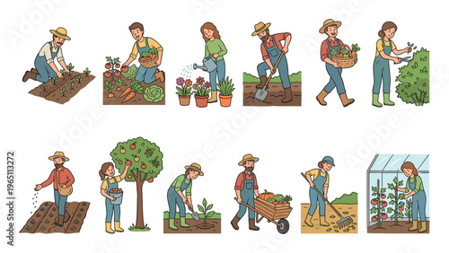 Cartoon gardeners performing various agricultural tasks in the garden, showcasing planting, harvesting, watering, digging, and tending to plants and crops.