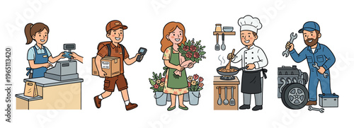 Five diverse professionals representing various essential jobs and services, including retail, delivery, floral, culinary, and automotive work in a friendly cartoon style.