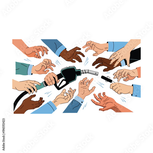 Illustration of multiple hands reaching for a gas pump nozzle, conveying a fuel shortage concept with rising oil prices and energy crisis graphic elements on a white background.