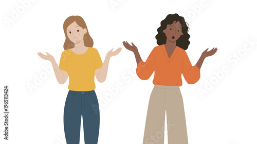 Confused Women Shrugging Shoulders, Misunderstanding and Uncertainty Concept Flat Vector Illustration