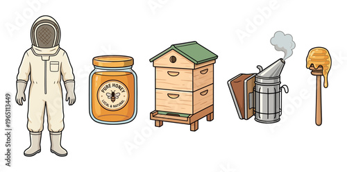 Beekeeping equipment and honey products collection featuring a protective suit, a wooden beehive, a smoker, a honey dipper, and a jar of pure honey.