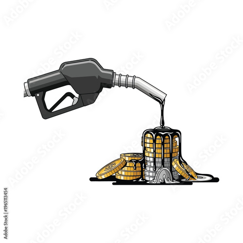 Vector illustration of a gas pump nozzle filling a barrel with coins, symbolizing rising oil prices and fuel shortage concept with a dark and metallic color scheme against a clean white