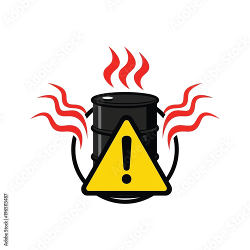 Graphic illustration of an oil barrel with rising flames and a warning sign indicating an energy crisis and fuel shortage concept with rising prices.