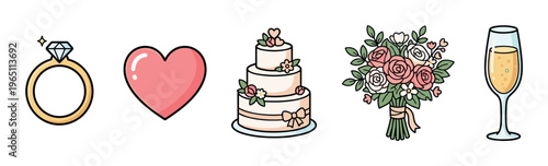 Wedding and love celebration symbols including a diamond ring, heart, cake, floral bouquet, and champagne flute, representing romance and special occasion festivities.