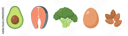 Avocado, salmon, broccoli, egg, and almonds are popular healthy food choices for various nutritious diets including keto and paleo lifestyles.