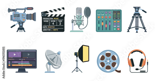 Film and video production equipment collection for various media projects, showcasing tools for recording, mixing, and editing content.