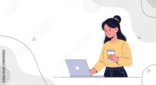 Young Woman Working on Laptop Holding Coffee Cup, Modern Minimalist Background